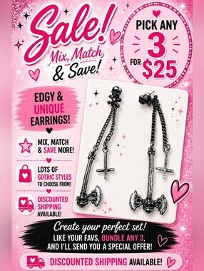 Goth Skull Cross Battle Axe Chain Dangle Earrings Silver Tone Punk Gothic